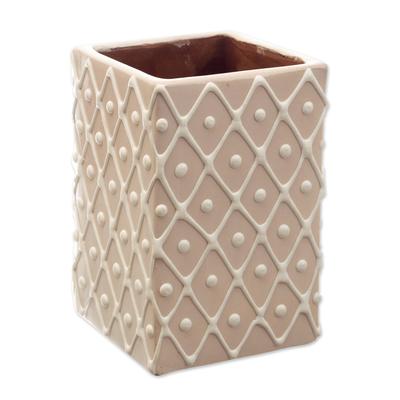 Oneiric Vibes,'Beige and White Ceramic Flower Pot with Diamond Pattern'
