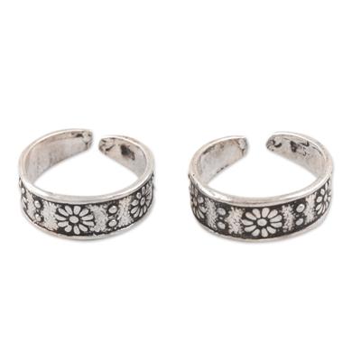 Joyful Blossoms,'Floral Sterling Silver Toe Rings from India (Pair)'