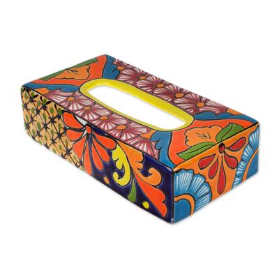'Floral Talavera-Style Ceramic Tissue Box Cover from Mexico'