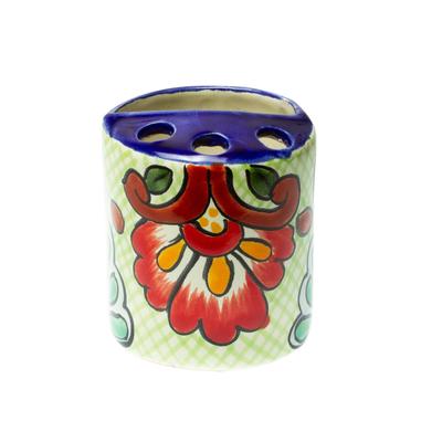 Hidalgo Bouquet,'Green Dominant Talavera Style Toothbrush Holder from Mexico'