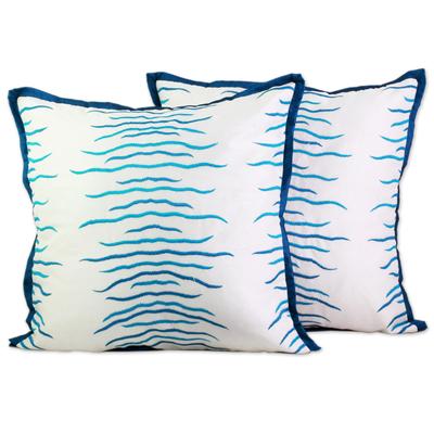 Indian Waves,'Caribbean Blue Embroidered Cushion Covers (Pair) from India'