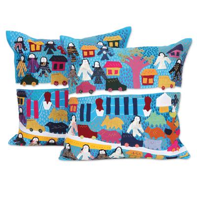 City Life,'2 Cotton Cushion Covers with Hand Embroidery and Patchwork'