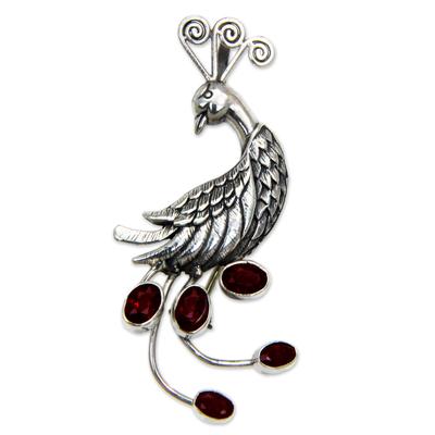 Peahen in Love,'Silver Bird Brooch Pin-Pendant with Garnets'