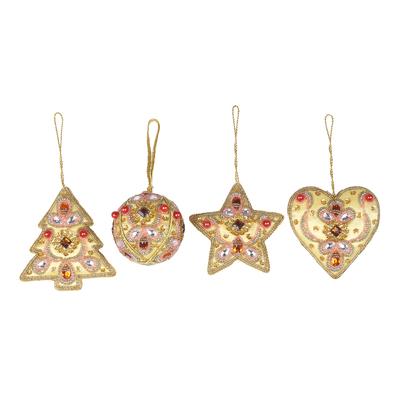 Lavish Holiday,'Red and Gold Embellished Satin Ornaments (Set of 4)'