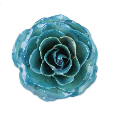 'Resin Dipped Teal-Colored Real Rose Brooch from Thailand'