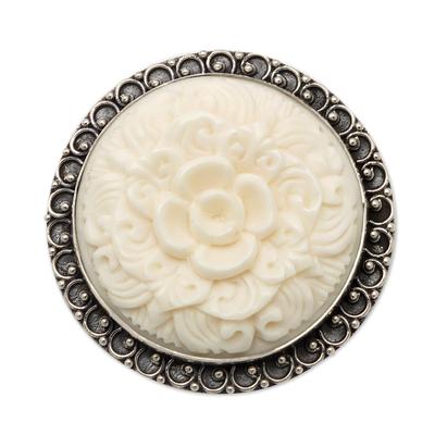 Classic Balinese,'925 Silver Brooch Pin and Pendant with Carved Flower Accent'