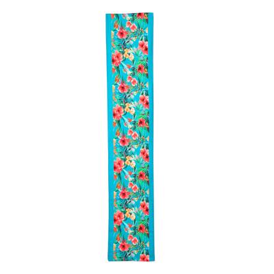 Floral Greetings,'Turquoise Blue Cotton Table Runner with Floral Pattern'