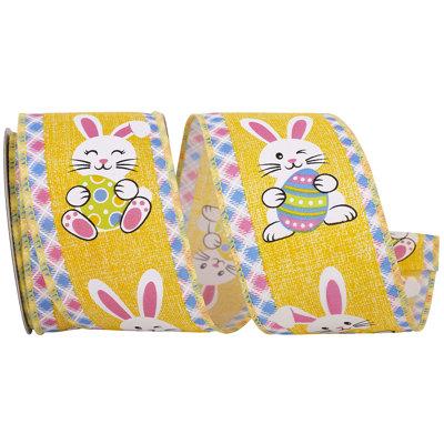 The Holiday Aisle® 2-1/2"x10yd Easter Bunny Egg w/ Ticking Wired Edge Ribbon, Polyester in Yellow | 2.5 H x 4 W x 4 D in | Wayfair