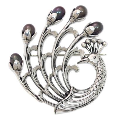 Cultured freshwater pearl brooch pin, 'Magnificent Peacock'