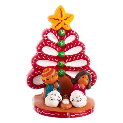 'Hand-Painted Tree-Shaped Ceramic Nativity Scene in Red'