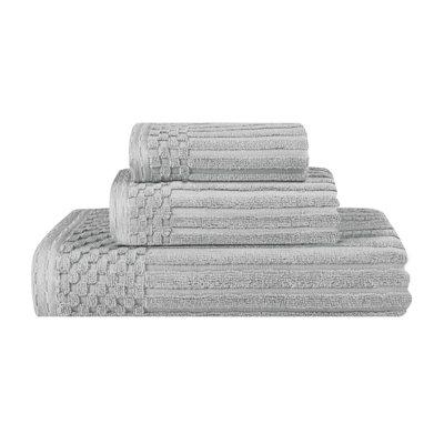 Ebern Designs Kaelea Soho Cotton Ribbed Checkered Border Medium Weight 3 Piece Assorted Bathroom Towel Set Terry Cloth/ in Gray | 27 W in | Wayfair