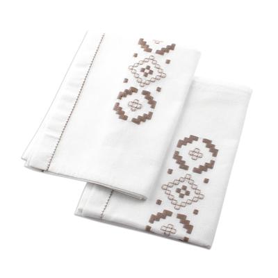 Cocoa Diamonds,'Embroidered Brown and White Cotton Tea Towels (Pair)'