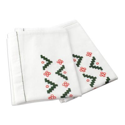 Green Directions,'Pair of Embroidered Red and Green Cotton Tea Towels'