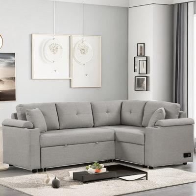 Gray Sectional - Latitude Run® L-Shape Pull-Out Sleeper Sofa w/ USB Ports & Two Cup Holders | 22.8 H x 87.4 W x 60.2 D in | Wayfair