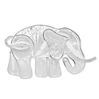 Intricate Elephant,'Sterling Silver Filigree Elephant Brooch from Java'