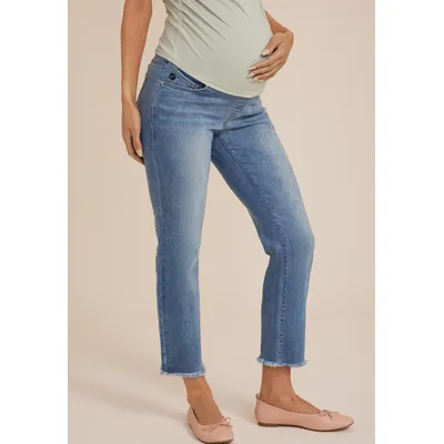 Kancan™ Women's Over The Bump Frayed Hem Maternity Jeans Blue Size 25 - Maurices
