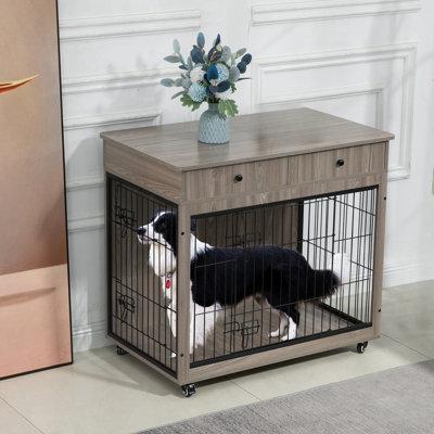 Tucker Murphy Pet™ Dog Crate Furniture, Wooden Dog Crate End Table, 38.4 In Dog Kennel w/ 2 Drawers Storage in Gray | Wayfair