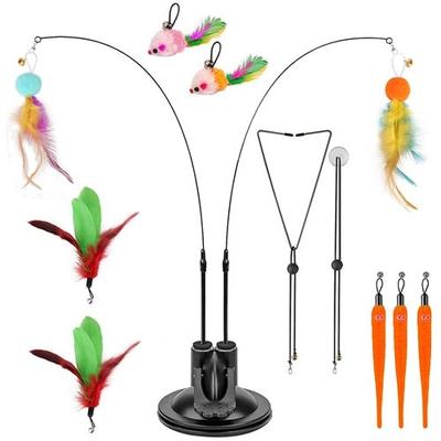 Fresh Fab Finds 2 Cat Wand Toys With Suction Cup Double Head Interactive Cat Feather Toy 9Pcs Teaser Replacements With Bell Cats Self Playing Hanging Indoor Cat Toy
