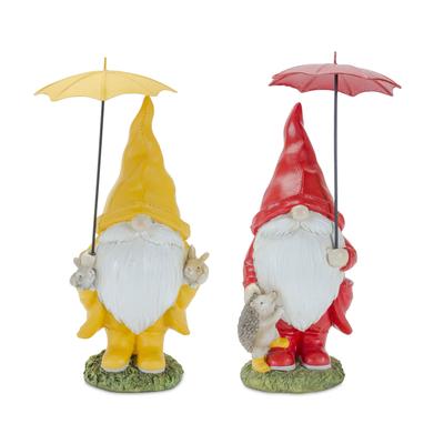 Garden Gnome With Umbrella And Woodland Animals (Set Of 4) by Melrose in Yellow