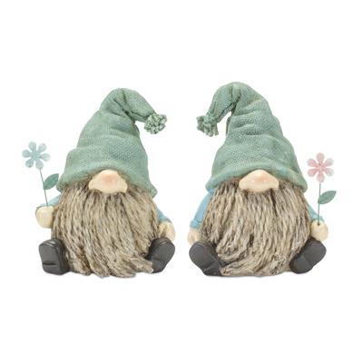 Stone Garden Gnome Figurine With Flower Stem Accent (Set Of 4) by Melrose in Blue