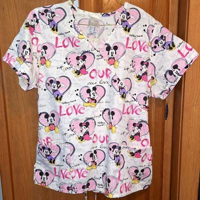 Disney Tops | Disney Scrubs With Mickey And Minnie Sitting In Hearts In A Size Large. | Color: Pink/White | Size: L