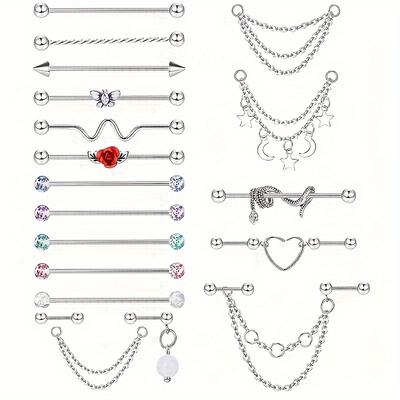 19pcs Industrial Barbell Piercing Jewelry, Stainless Steel Industrial Earrings For Men, Snake Chain Dangle Cartilage Helix Piercing Jewelry