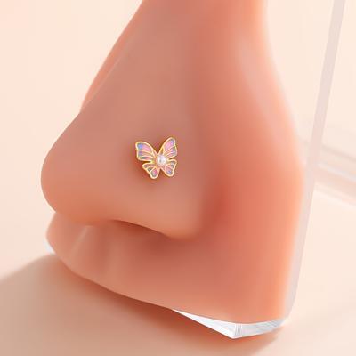 1pc Colorful Butterfly Nose Stud Nail Ring Inlaid Whit Faux Pearls Elegant L-shaped Copper Nose Ring Jewelry Decoration