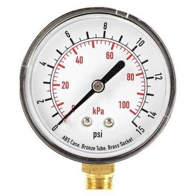 ZORO SELECT 4FLV6 Pressure Gauge, 0 to 15 psi, 1/4 in MNPT, Plastic, Black