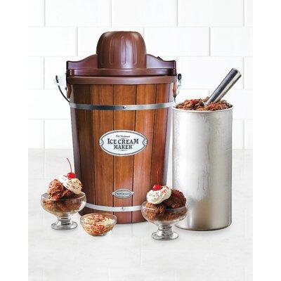 Nostalgia Electric Bucket Ice Cream Maker w/ Easy-Carry Handle, Makes 6-Quarts in Minutes, Frozen Yogurt, Gelato, Made From Real Wood in Brown/White