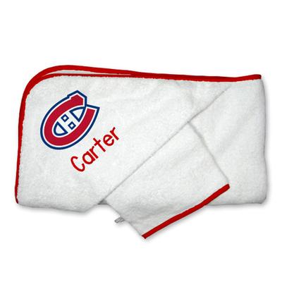 Infant White Montreal Canadiens Personalized Hooded Towel & Mitt Set