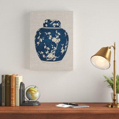 Charlton Home® 'Blue & White Ginger Jar on Linen I' Painting on Wrapped Canvas in Blue/Brown | 19 H x 14 W x 2 D in | Wayfair