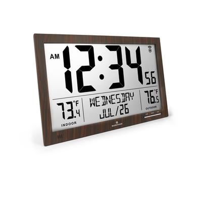 Marathon Slim Atomic Full Calendar Clock with Indoor/Outdoor Temperature - Brown