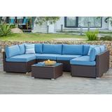 Bayou Breeze Genevieve 7 Piece Rattan Sectional Seating Group w/ Cushions Synthetic Wicker/All - Weather Wicker/Wicker/Rattan | Wayfair in Blue/Brown