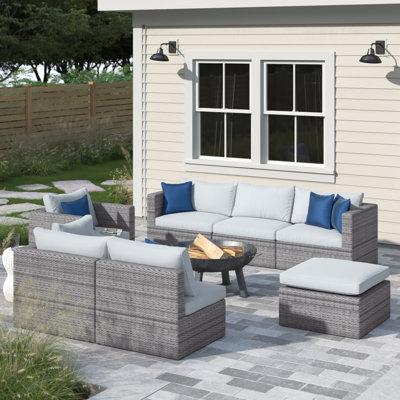 Wade Logan® Baecher 6 Piece Rattan Sectional Seating Group w/ Cushions Olefin Fabric Included/Wicker/Rattan in Brown/Gray | Outdoor Furniture | Wayfair
