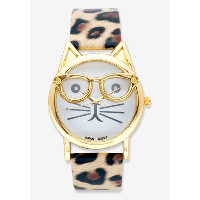 Women's Gold Tone Leopard Print Cat Watch, 7.5 inches plus Extender by PalmBeach Jewelry in Gold