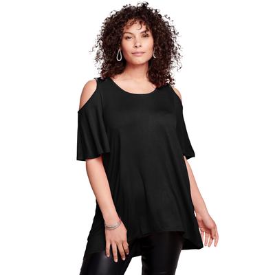 Plus Size Women's Cold-Shoulder Ultra Femme Tunic by Roaman's in Black (Size 22/24) Long Shirt