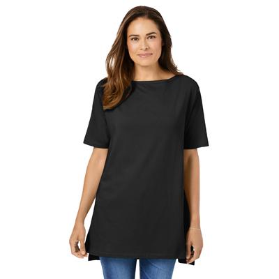 Plus Size Women's Perfect Short-Sleeve Boatneck Tunic by Woman Within in Black (Size 1X)