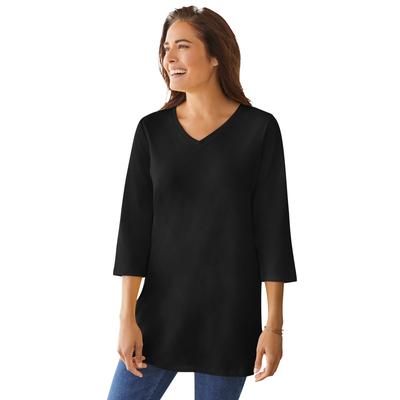 Plus Size Women's Perfect Three-Quarter Sleeve V-Neck Tunic by Woman Within in Black (Size L)