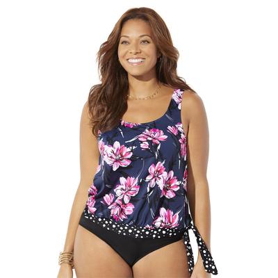 Plus Size Women's Side Tie Blouson Tankini Top by Swimsuits For All in Navy Pink Floral (Size 10)