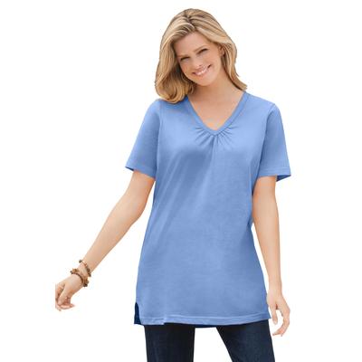 Plus Size Women's Perfect Short-Sleeve Shirred V-Neck Tunic by Woman Within in French Blue (Size L)