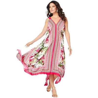 Plus Size Women's Scarf-Print Maxi Dress by Roaman's in Pink Burst Tropical Border (Size 18/20)