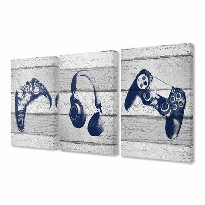 Viv + Rae™ Lyndon Video Gamer Controllers Headset Graphics on Planks 3 Piece Set Wall Décor Canvas in Blue | 24 H x 16 W x 1.5 D in | Wayfair