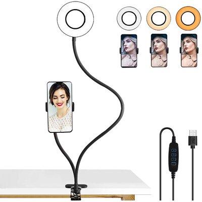 EXGREEM 6 Inch Desktop Selfie Ring Light w/ Clip & Phone Holder Stand For Makeup, Vlogging, Streaming, in Black | 23 H x 10 W x 2 D in | Wayfair