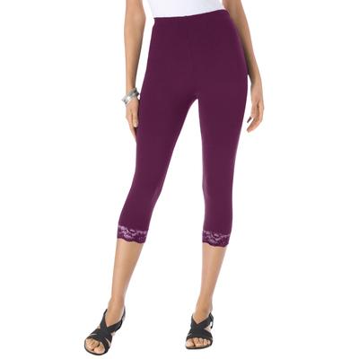 Plus Size Women's Lace-Trim Essential Stretch Capri Legging by Roaman's in Dark Berry (Size 4X) Activewear Workout Yoga Pants