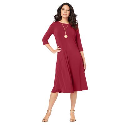 Plus Size Women's Ultrasmooth® Fabric Boatneck Swing Dress by Roaman's in Classic Red (Size 18/20) Stretch Jersey 3/4 Sleeve Dress