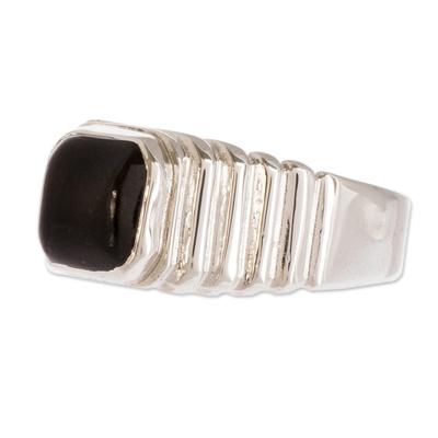 Magnanimous in Black,'Men's Squared Bezel Black Jade Band Ring from Guatemala'