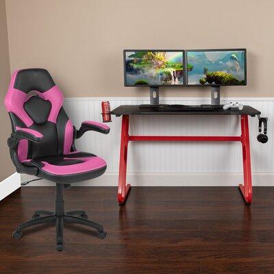 Inbox Zero Red Gaming Desk & Black Racing Chair Set w/ Cup Holder & Headphone Hook in Pink, Size 30.0 H x 51.5 W x 23.75 D in | Wayfair