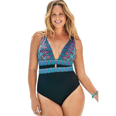 Plus Size Women's Plunge One Piece Swimsuit by Swimsuits For All in Multi (Size 14)