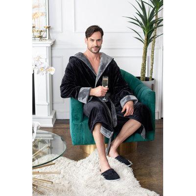 LOTUS LINEN Plush Hooded Robe - Long Fleece Spa Bathrobe Polyester/Cotton Blend | 1 W in | Wayfair LTS-6140-BLKGRY-S/M