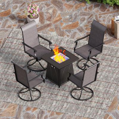 Lark Manor™ Alyah 5 Piece Table Set Gas Fire Pit Metal Square Table 4 High Back Swivel Rattan Chairs 5-Piece Outdoor Patio Dining Set Metal | Wayfair